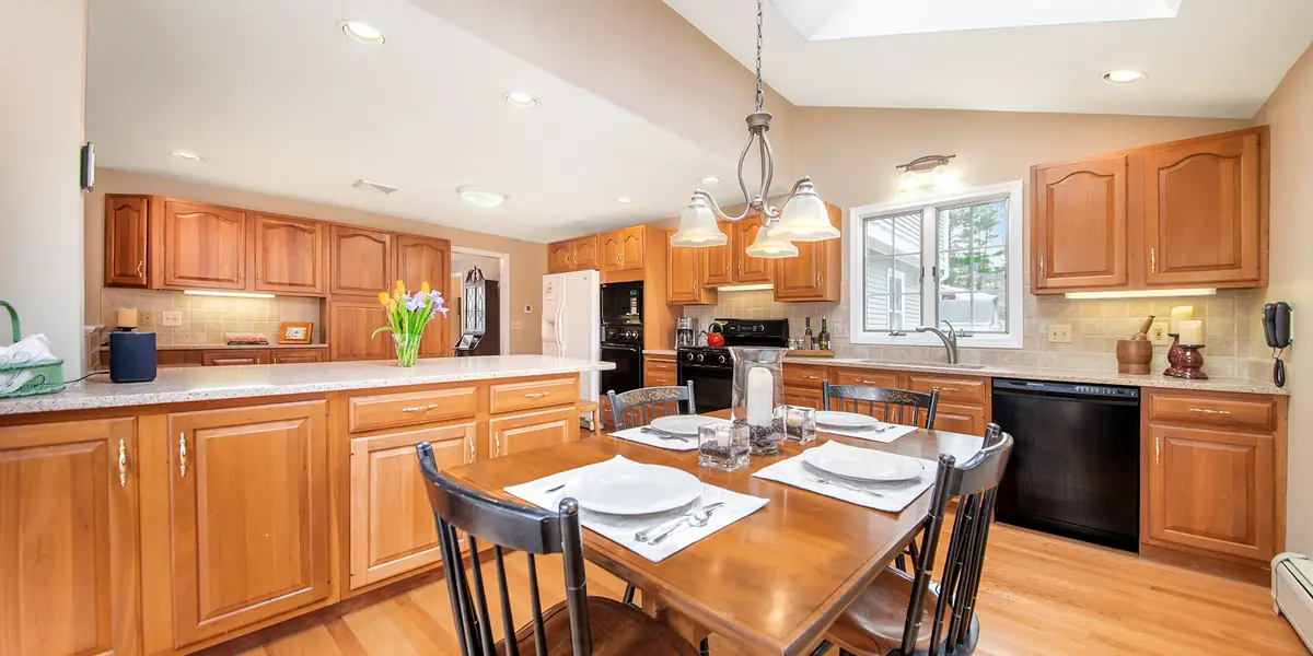 A kitchen and dining table